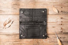 Cool Black Skull Leather Mens Long Wallet Long Wallet for Men - imessengerbags