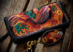 Handmade Leather Tooled Carp Mens Chain Biker Wallet Cool Leather Wallet Long Phone Wallets for Men
