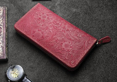Handmade Leather Floral Mens Cool Travel Long Wallet Card Holder Card Slim Clutch Wallets for Men - imessengerbags