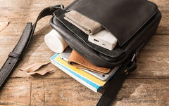 Black Small Leather Mens Shoulder Bags Messenger Bags for Men