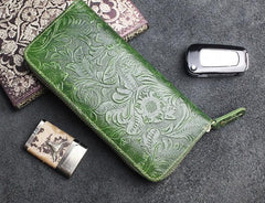 Handmade Leather Floral Mens Cool Travel Long Wallet Card Holder Card Slim Clutch Wallets for Men - imessengerbags