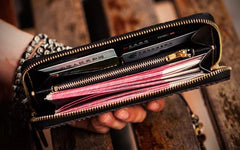Handmade Leather Tooled Chinese Monster Mens Chain Biker Wallet Cool Leather Wallet Zipper Long Phone Wallets for Men
