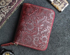 Handmade Leather Floral Mens Zipper Cool billfold Wallet Card Holder Small Card Slim Wallets for Men - imessengerbags