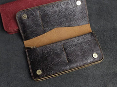 Handmade Leather Floral Mens Cool Travel Long Wallet Card Holder Card Slim Clutch Wallets for Men - imessengerbags