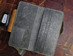 Handmade Leather Floral Mens Cool Travel Long Wallet Card Holder Card Slim Clutch Wallets for Men - imessengerbags