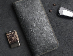 Handmade Leather Floral Mens Cool Travel Long Wallet Card Holder Card Slim Clutch Wallets for Men - imessengerbags