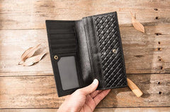 Cool Black Braided Leather Mens Long Wallet Long Wallet for Men - imessengerbags