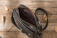 Cool Leather Black Mens Messenger Bag Vintage Shoulder Bag  for Men