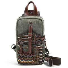 Rustic Canvas Leather Mens Sling Bags Chest Bag One Shoulder Pack for men