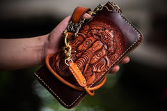 Handmade Leather Tooled Ganesh Mens Chain Biker Wallet Cool Leather Wallet Zipper Long Phone Wallets for Men