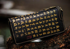 Handmade Leather Mens Chain Chinese Handwriting Biker Wallet Cool Leather Wallet Long Phone Wallets for Men