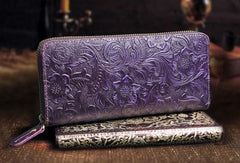 Handmade Leather Floral Mens Cool Travel Long Wallet Card Holder Card Slim Clutch Wallets for Men - imessengerbags