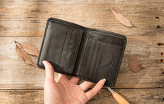 Black Cool Leather Mens Small Wallet Trifold Vintage billfold Wallet for Men - imessengerbags