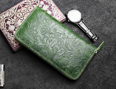Handmade Leather Floral Mens Cool Travel Long Wallet Card Holder Card Slim Clutch Wallets for Men - imessengerbags