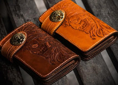 Handmade Leather Tooled Skull Indian Chief Biker Wallet Mens Cool Short Chain Wallet Trucker Wallet with Chain
