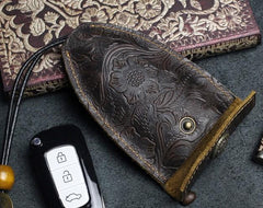Handmade Leather Floral Mens Cool Car Key Wallet Coin Wallet Pouch Car KeyChain for Men - imessengerbags