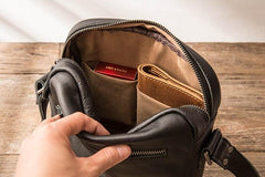 Black Small Leather Mens Shoulder Bags Messenger Bags for Men