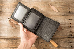 Black Cool Leather Mens Small Wallet Trifold Vintage billfold Wallet for Men - imessengerbags