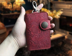 Handmade Leather Floral Mens Cool Key Wallet Wallet Card Holder Small Card Keychain Wallets for Men - imessengerbags