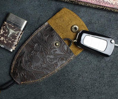 Handmade Leather Floral Mens Cool Car Key Wallet Coin Wallet Pouch Car KeyChain for Men - imessengerbags
