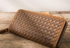 Cool Leather Mens Braided Long Zipper Clutch Wallet Long Wallet for Men - imessengerbags