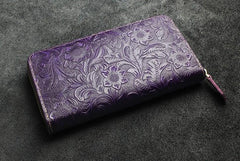 Handmade Leather Floral Mens Cool Travel Long Wallet Card Holder Card Slim Clutch Wallets for Men - imessengerbags