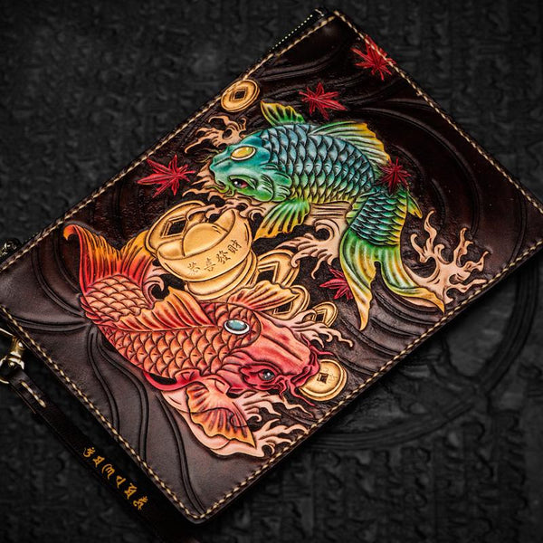 Handmade Leather Carp Tooled Wristlet Bag iPad Bag Mens Cool Leather Wallet Long Clutch for Men - imessengerbags