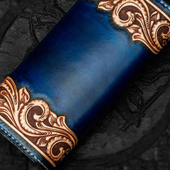 Handmade Leather Men Tooled Blue Floral Cool Leather Wallet Long Phone Clutch Wallets for Men - imessengerbags