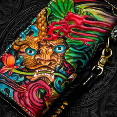 Handmade Leather Tooled Chinese Lion Black Mens Chain Biker Wallet Cool Leather Wallet Long Clutch Wallets for Men