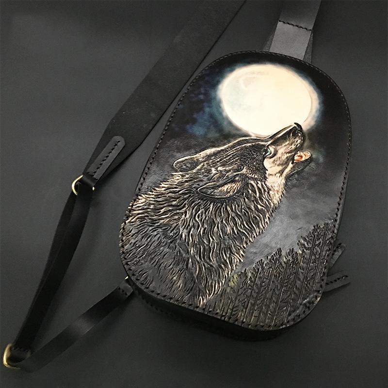 Black Handmade Tooled Leather Wolf Sling Bag Chest Bag One Shoulder Backpack For Men - imessengerbags