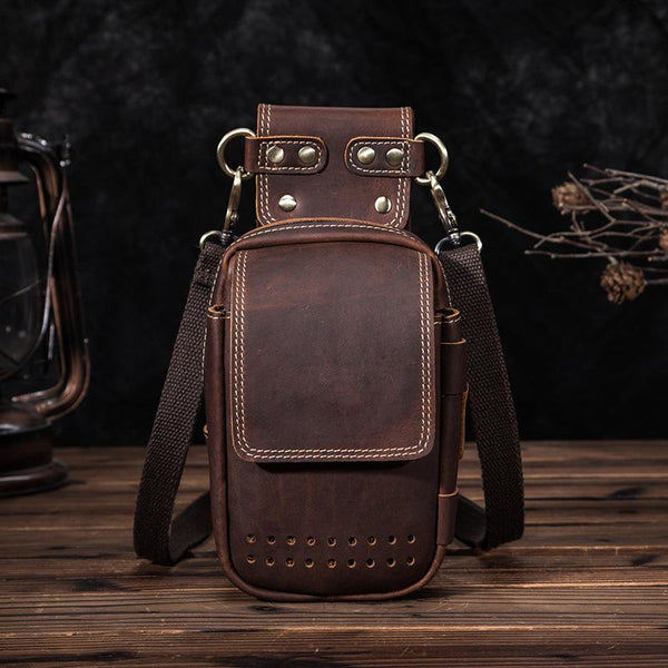 Cool Brown Leather Men's Cell Phone Holster Small Side Bag Mini Messenger Bag For Men