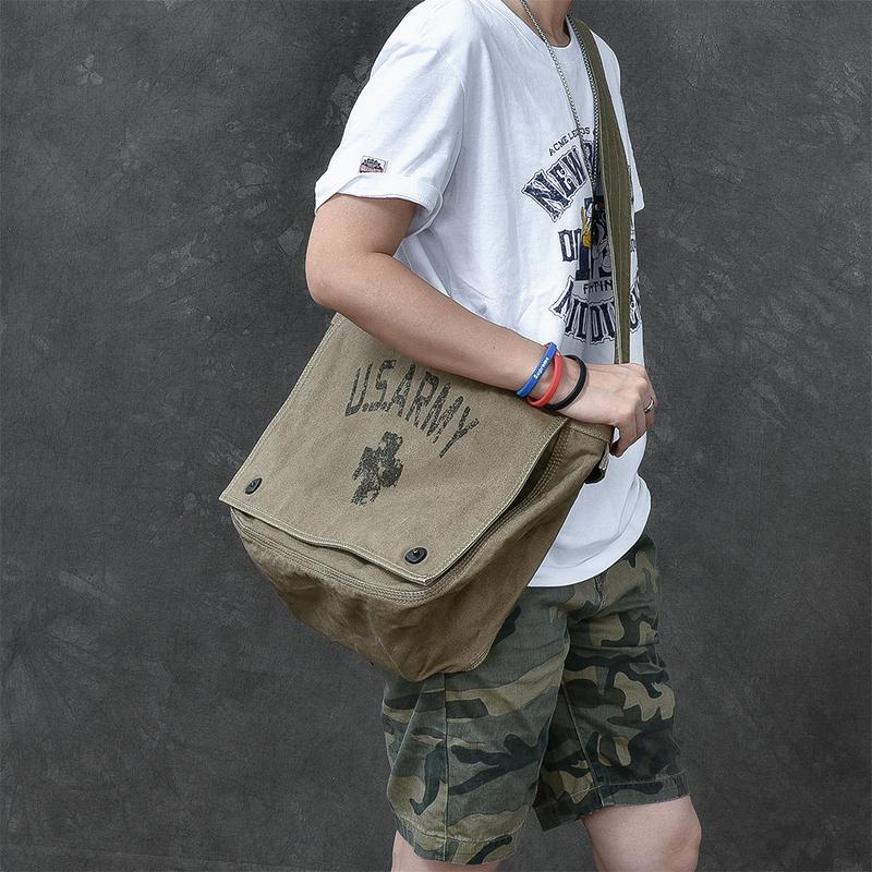Washed Canvas Mens Large Brown Side Bag 14‘’ Army Green Messenger Bag Shoulder Bag For Men - imessengerbags