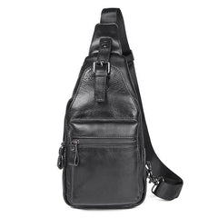 Black Leather Men's Sling Bag Coffee Chest Bag One Shoulder Backpack For Men