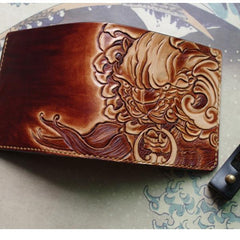 Handmade Leather Chinese Lion Tooled Mens billfold Wallet Cool Slim Wallet Biker Wallet for Men
