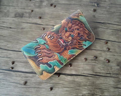 Handmade Leather Chinese Lion Tooled Mens Long Wallet Cool Leather Wallet Clutch Wallet for Men - imessengerbags