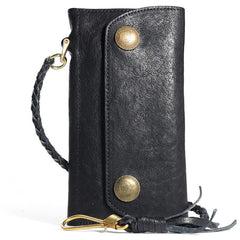 Cool Leather Mens Black Long Chain Wallet Brown Long Trifold Biker Wallet for Men - imessengerbags
