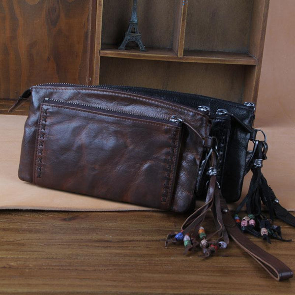 Handmade Genuine Leather Mens Cool Long Leather Wallet Zipper Clutch Wristlet Wallet for Men - imessengerbags