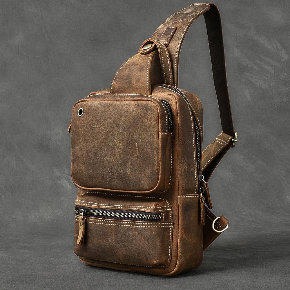 Cool Leather Mens 10" Brown Sling Bag Chest Bag Dark Coffee One Shoulder Backpack for Men - imessengerbags