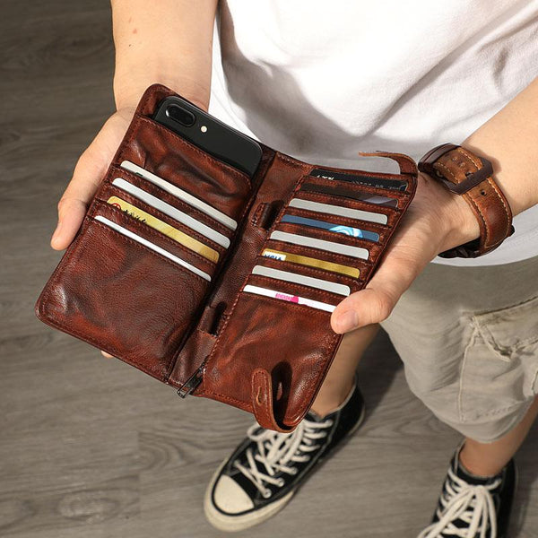 Retro Black Sheepskin Leather Men's Long Wallet Clutch Wallet Brown Phone Wallet Zipper Clutch Wallet For Men