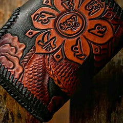 Handmade Leather Tooled Chinese Dragon Biker Wallet Mens Cool Short Chain Wallet Trucker Wallet with Chain - imessengerbags