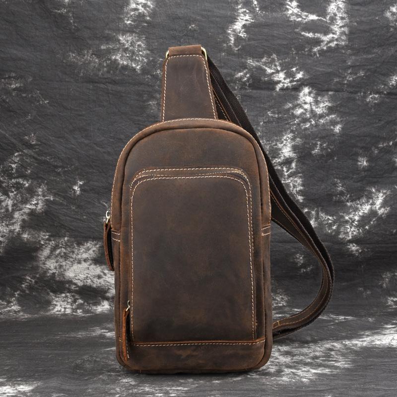 Vintage Mens Leather One Shoulder Backpacks Chest Bag Sling Bags Sling Crossbody Bags For Men