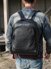 Black Fashion Mens Leather 15-inch Business Computer Backpacks Laptop Backpacks Black College Backpack for men - imessengerbags