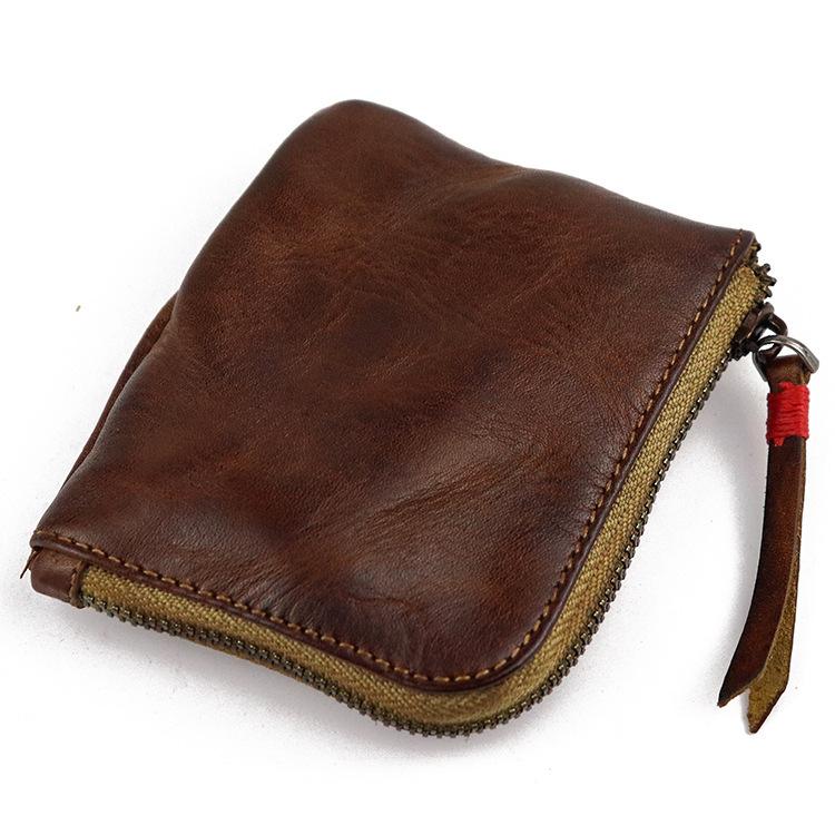 Vintage Leather Men's Small Change Wallet Brown Zipper Front Pocket Wallet For Men