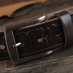 Genuine Leather Punk Rock Biker Trucker Tooled Floral Mens Belt Men Black Coffee Belt for Men - imessengerbags