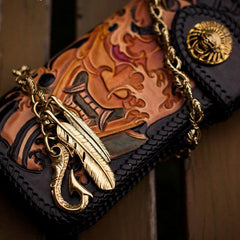 Handmade Leather Tooled Prajna Mens Chain Biker Wallet Cool Leather Wallet With Chain Wallets for Men - imessengerbags