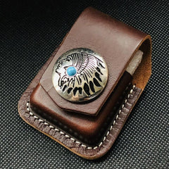 Brown Handmade Leather Mens Texas Star Zippo Lighter Holders Lighter Case For Men