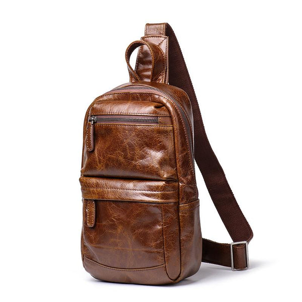Cool Black Leather Men's Sling Bag Chest Bag Sling Crossbody Bag Brown One Shoulder Backpack For Men - imessengerbags