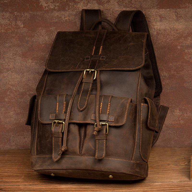 Vintage Brown Fashion Mens Leather 15-inch Computer Backpacks Brown Travel Backpacks School Backpacks for men