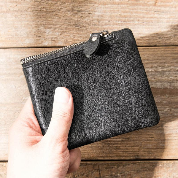 Black Leather Mens Small Wallet Front Pocket Wallet Black Bifold Slim billfold Wallet for Men - imessengerbags