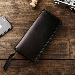 Handmade Vintage Mens Leather Black Long Wallet Dark Brown Cool Long Card Wallet for Men - imessengerbags